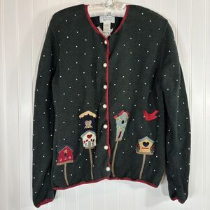 Vintage Womens Winter Sweater Size M Christmas Green 90s Beaded Hand Embroidered